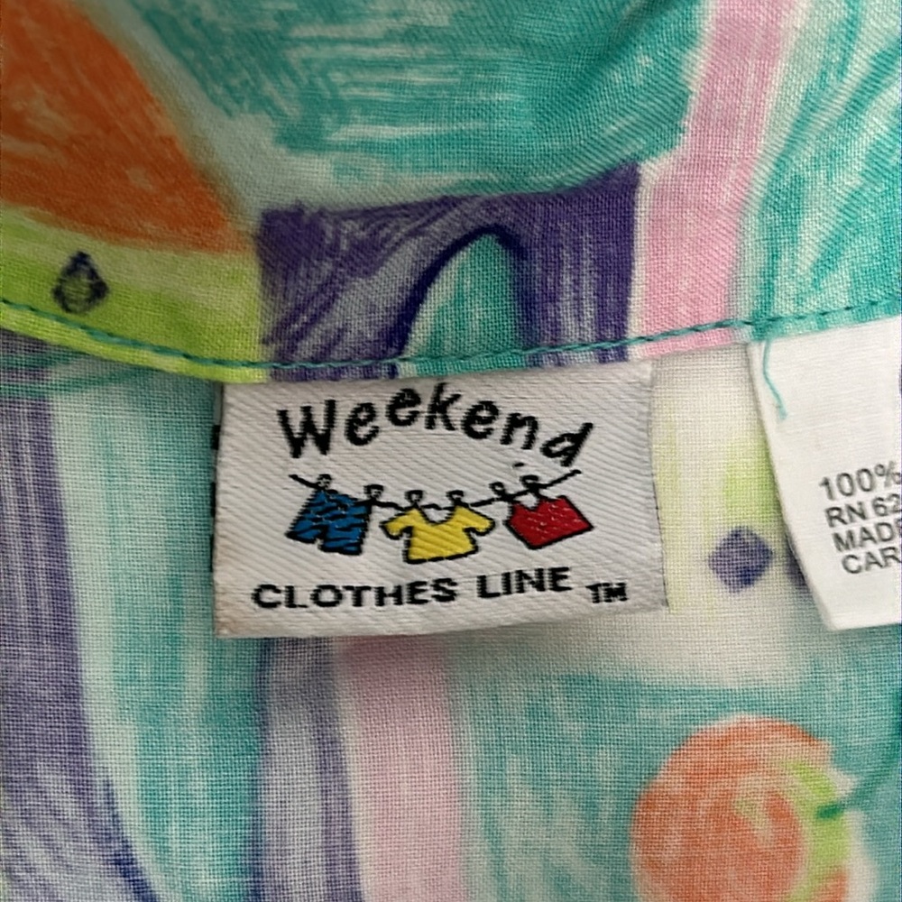Weekend Clothes Line Retro 80’s Womens Shirt Sz L Green Blue Floral Print Rayon - Picture 6 of 9